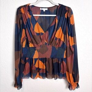 DR2 Multicolor Abstract Long Sleeve Smocked Blouse Women’s Medium Playful Y2K